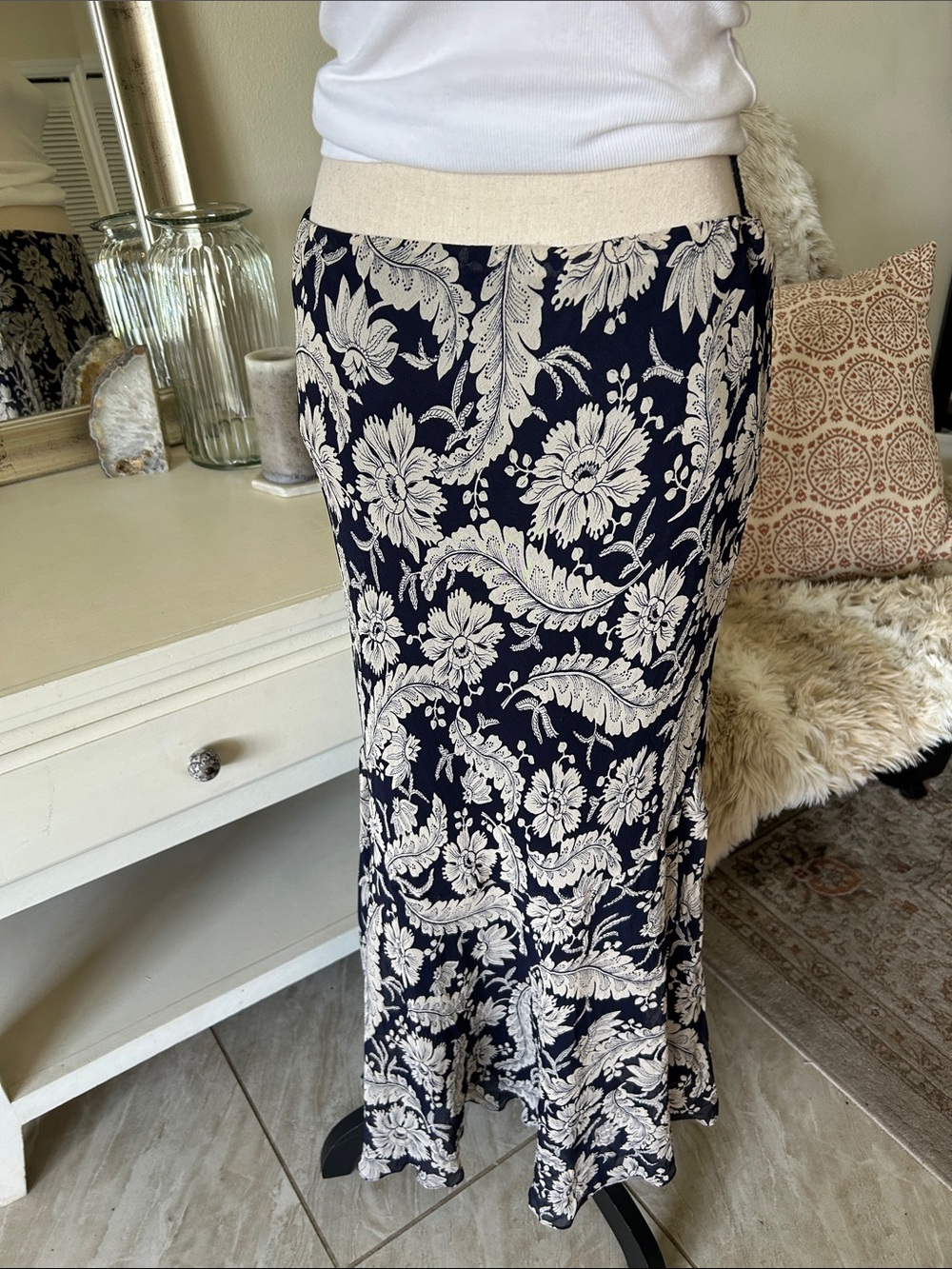Ralph Lauren Vtg navy beige boho western country floral pull on midi skirt 10 L - Picture 6 of 13